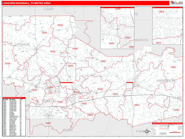 Longview-Marshall Metro Area Digital Map Red Line Style